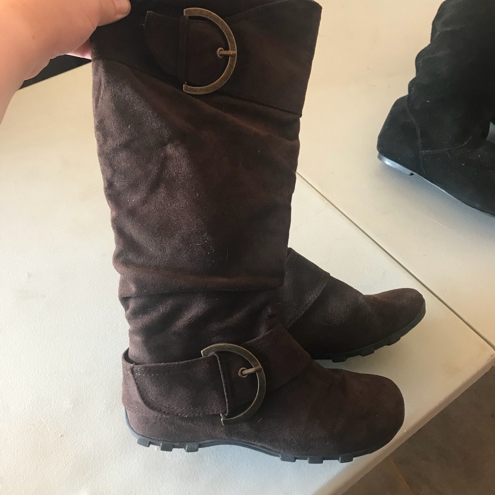 Like new!! Faux Suede Dark Brown Buckle Boot.